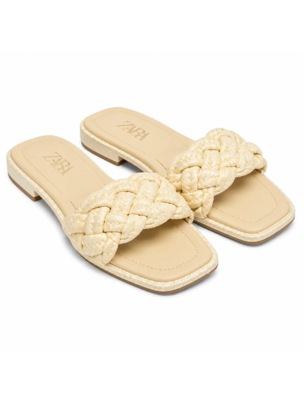 ZARA Braided Raffia Slide Sandals Cream Beige Woven Flat Slides EU 39 US 8 - Picture 2 of 7